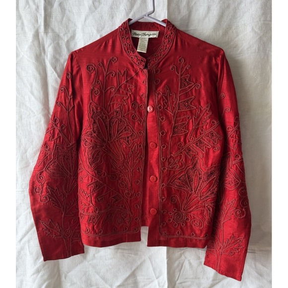 Norm Thompson Jackets & Blazers - Norm Thompson Embroidered Silk Jacket Button Up Red Small Ornate Asian Inspired